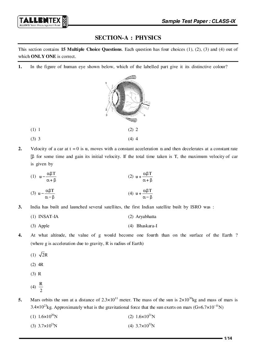 TALLENTEX 2026 Sample Paper Class 9 - Page 1