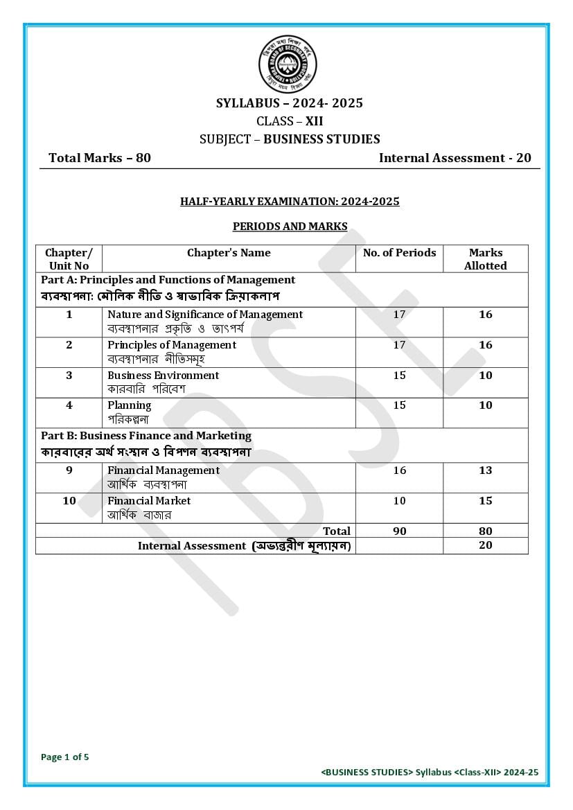 TBSE Class 12 Syllabus 2025 Business Studies - Page 1