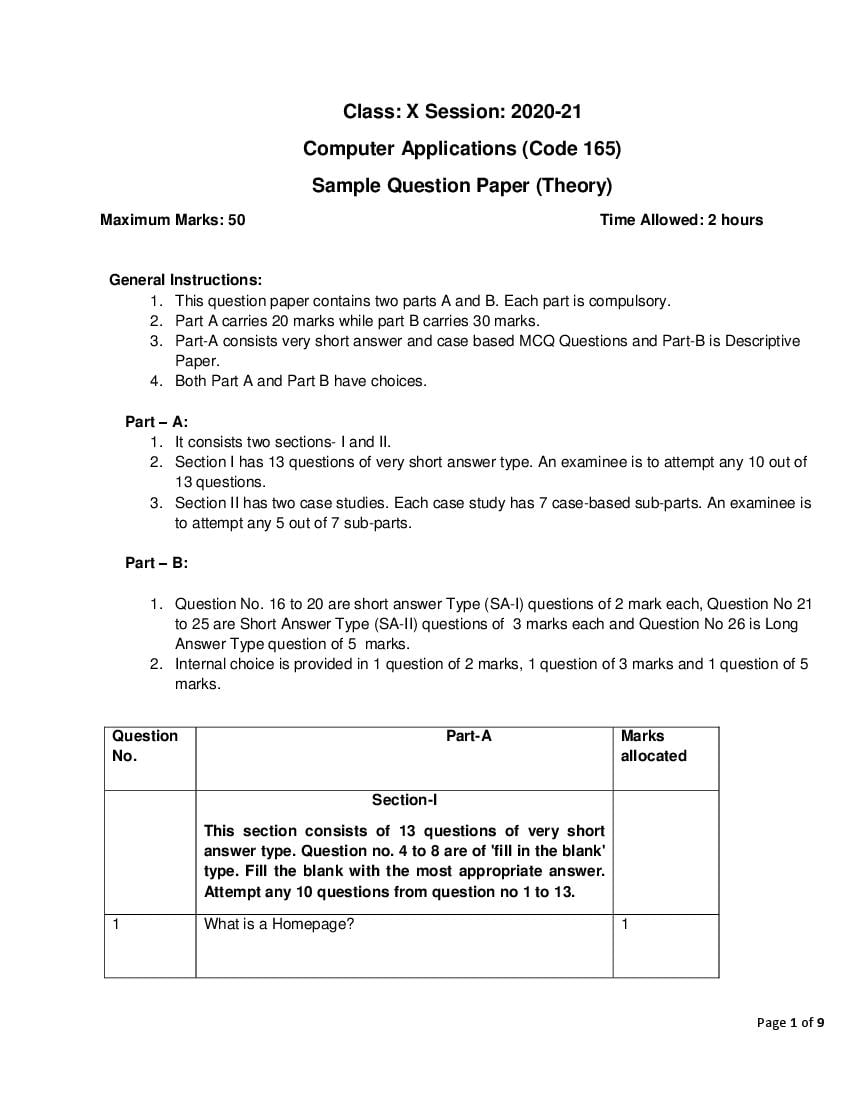 CBSE Class 10 Sample Paper 2021 for Computer Application - Page 1