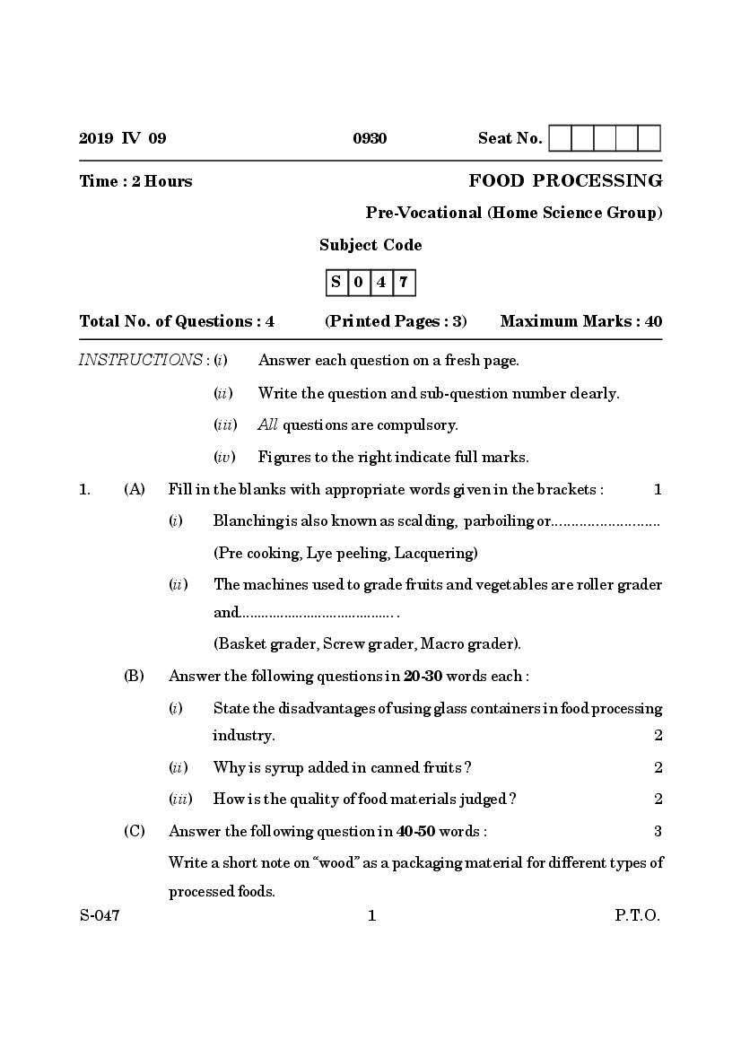 Goa Board Class 10 Question Paper Mar 2019 Food Processing Pre Vocational - Page 1