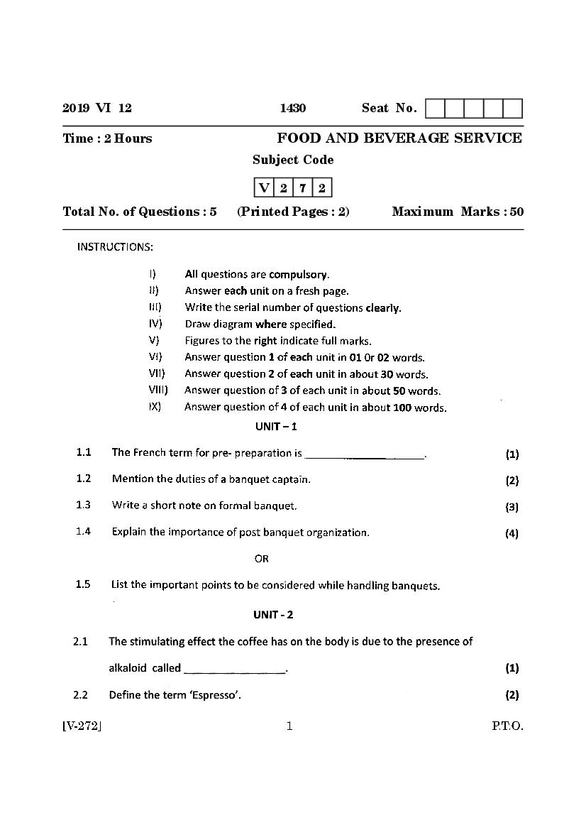 Goa Board Class 12 Question Paper June 2019 Food and Beverage Service - Page 1