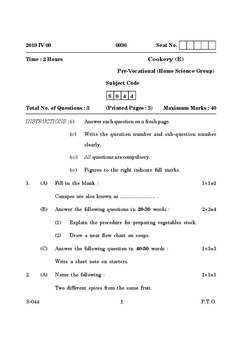 Goa Board Class 10 Question Paper Mar 2019 Cookery English Pre Vocational - Page 1