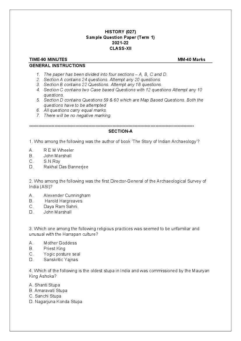 CBSE Class 12 Sample Paper 2022 For History Term 1