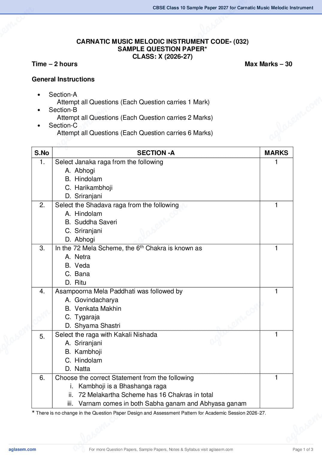 CBSE Class 10 Sample Paper 2027 for Carnatic Music Melodic Instrument - Page 1 of 3