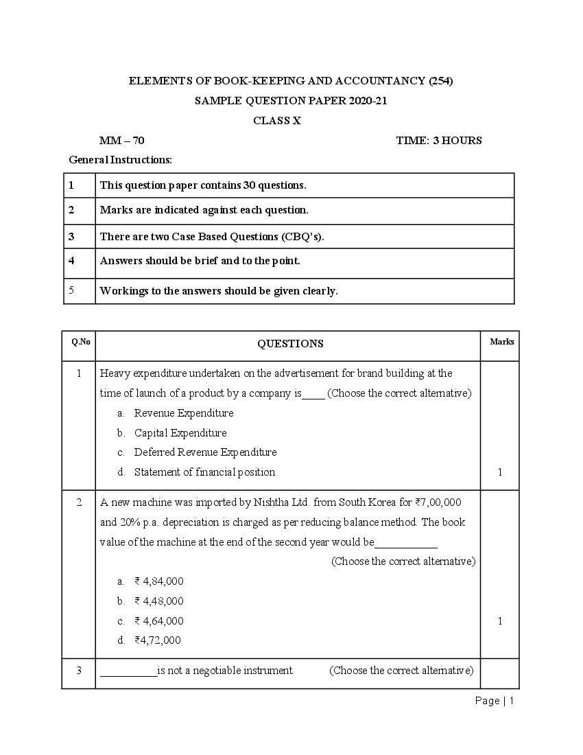CBSE Class 10 Sample Paper 2021 for Elements Book Keeping Accountancy - Page 1