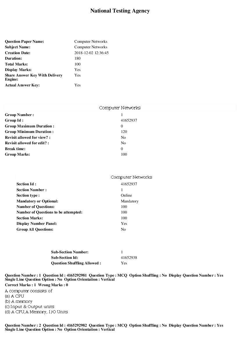 SWAYAM 2018 Question Paper Computer Networks - Page 1 of 17