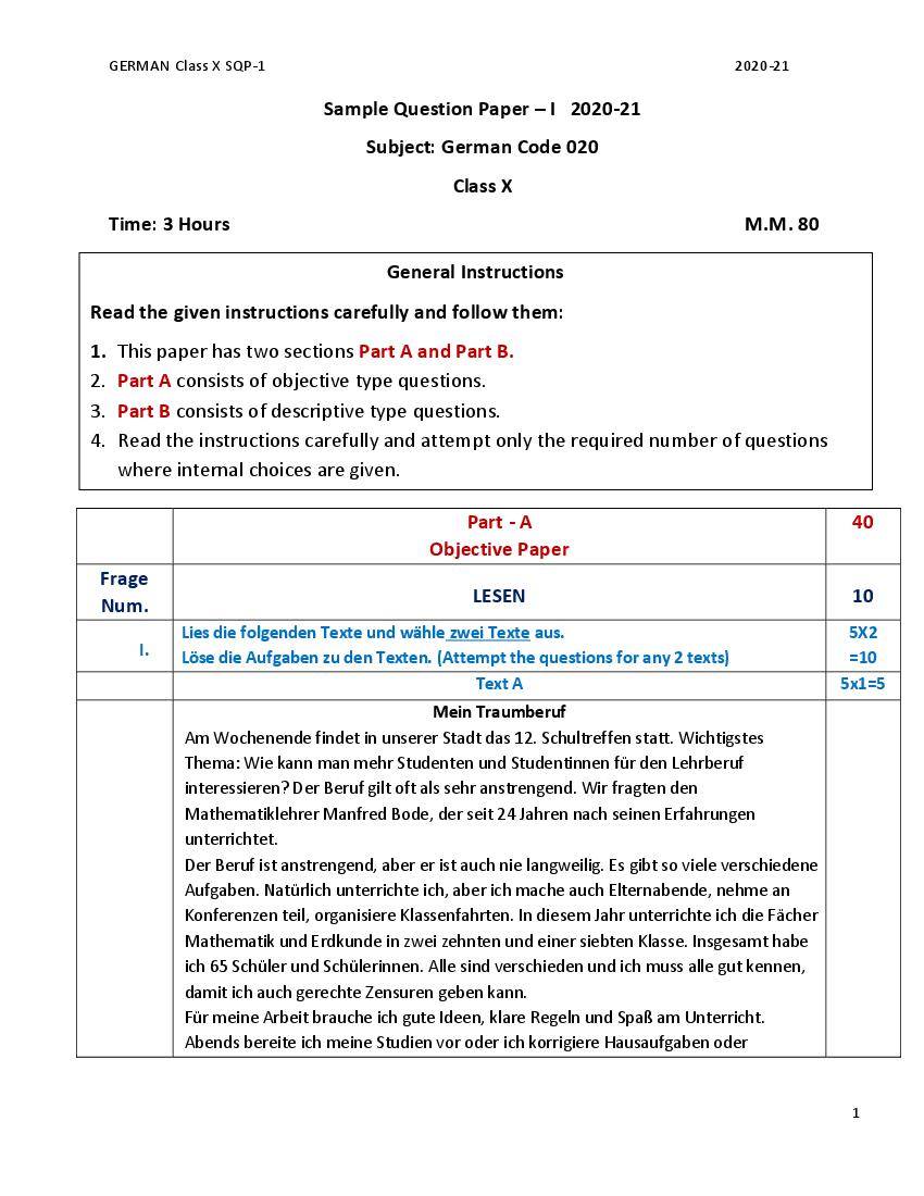 CBSE Class 10 Sample Paper 2021 for German - Page 1
