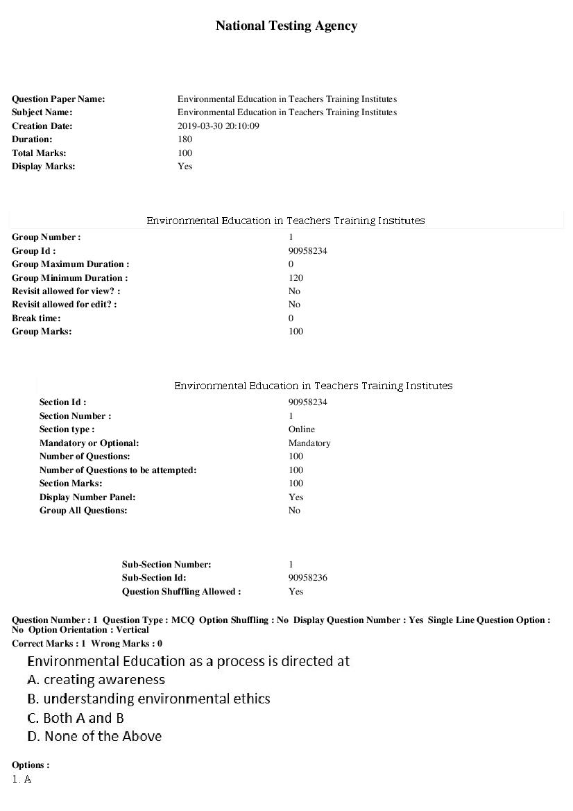 ARPIT 2019 Question Paper for Environmental Education in Teachers Training Institutes - Page 1 of 34