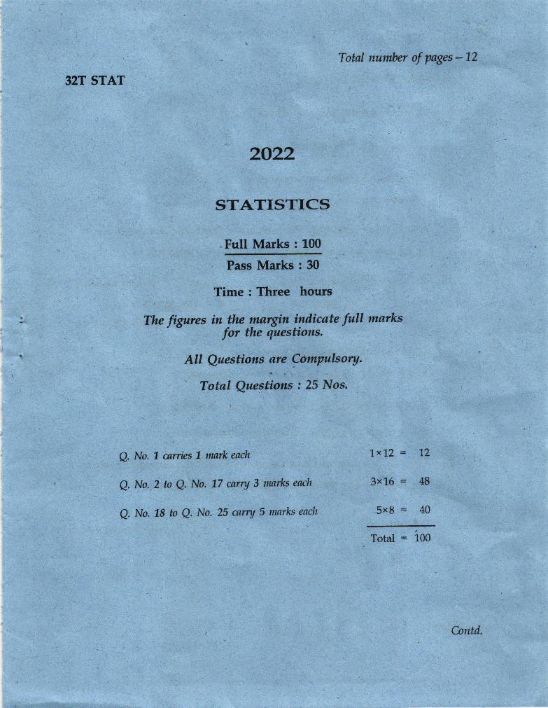 AHSEC HS 2nd Year Question Paper 2022 Statistics - Page 1