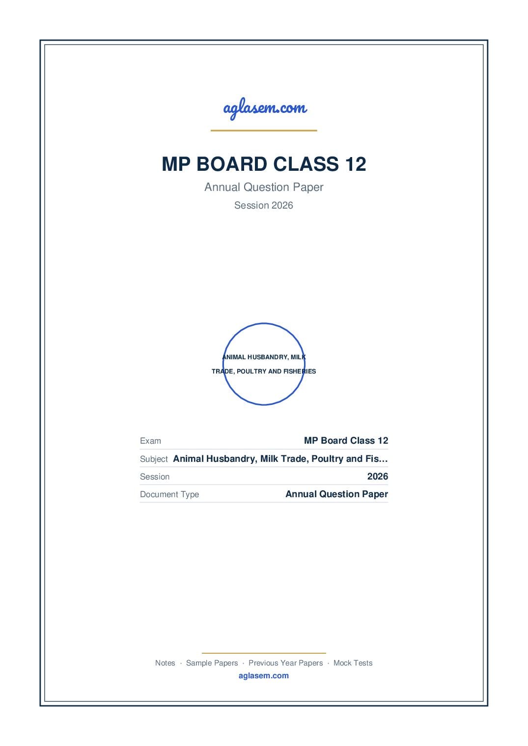 MP Board Class 12 Annual Question Paper 2026 Animal Husbandry, Milk Trade, Poultry and Fisheries - Page 1 of 9