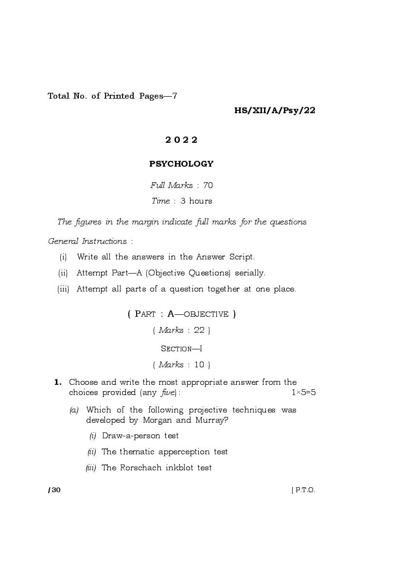 MBOSE Class 12 Question Paper 2022 for Psychology - Page 1