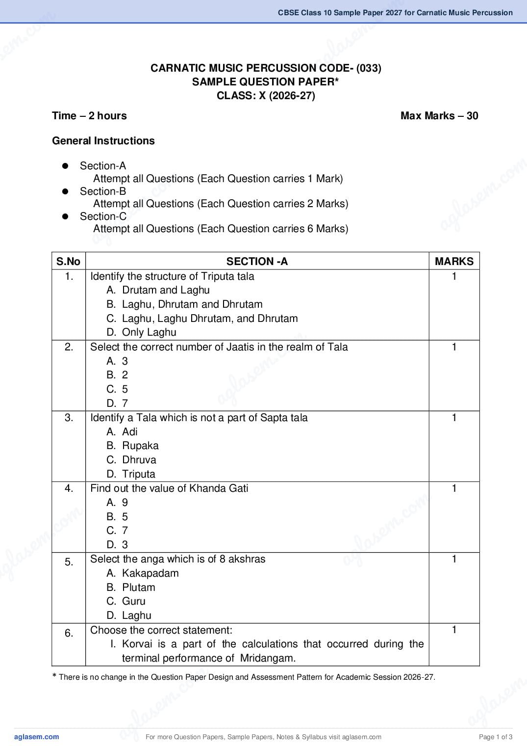 CBSE Class 10 Sample Paper 2027 for Carnatic Music Percussion - Page 1 of 3