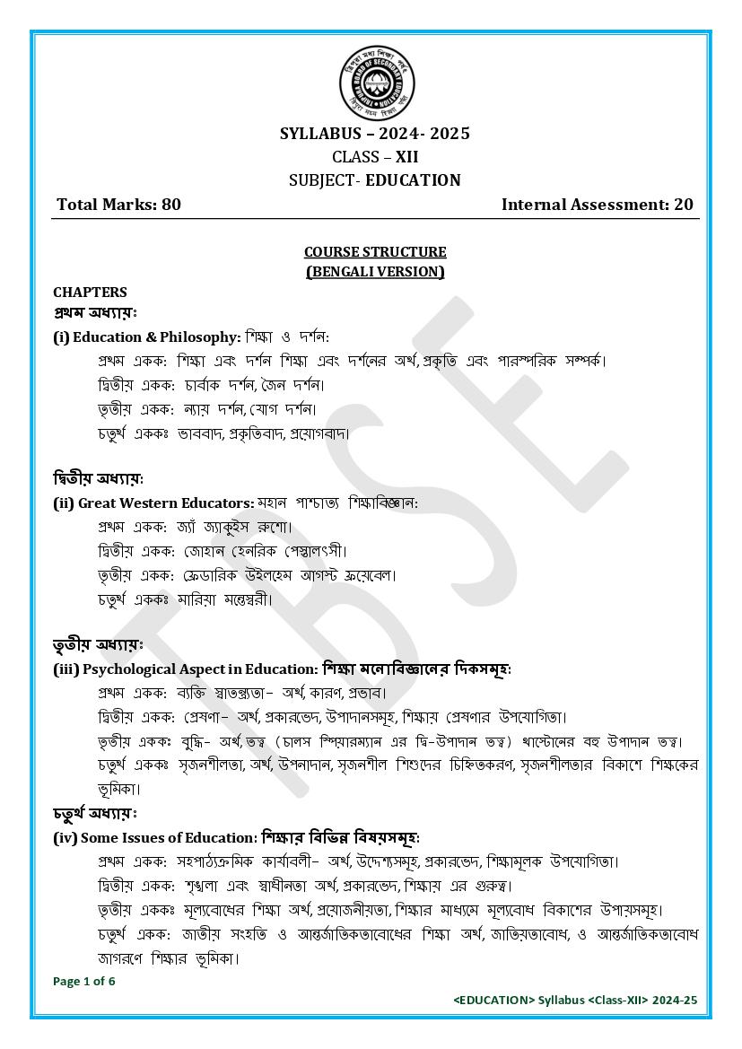 TBSE Class 12 Syllabus 2025 Education - Page 1