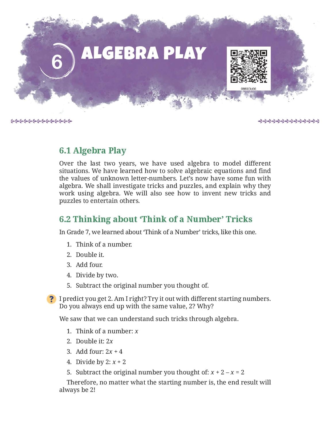 NCERT Book Class 8 Mathematics (Part II) Chapter 6 Algebra Play - Page 1 of 13