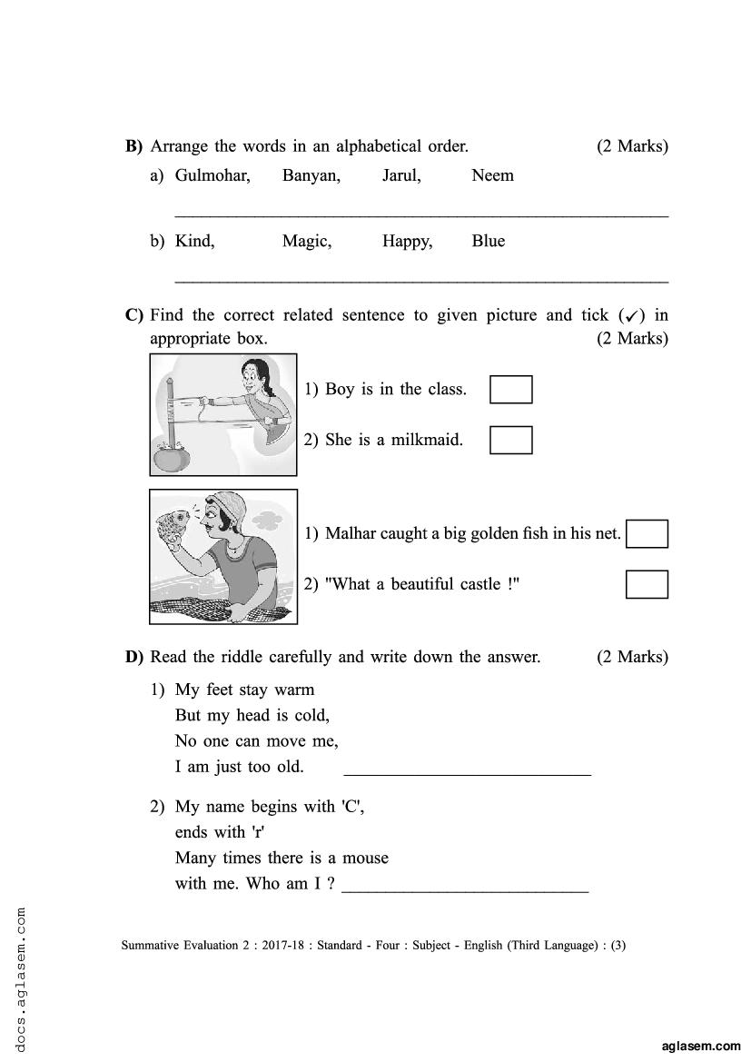 Class 4 English Sample Paper 2024 Maharashtra Board PDF Maha Std4th 