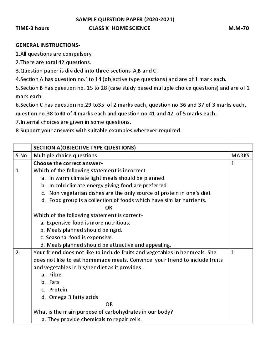 CBSE Class 10 Sample Paper 2021 for Home Science - Page 1