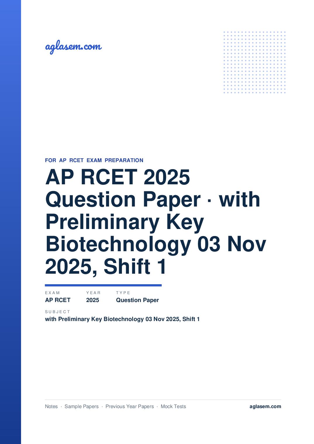 AP RCET 2025 Question Paper with Preliminary Key Biotechnology 03 Nov 2025, Shift 1 - Page 1 of 59