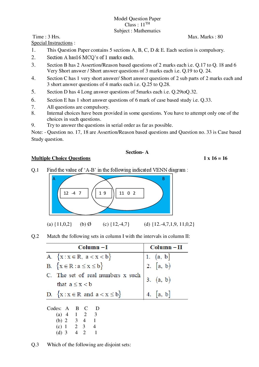 HP Board 11th Class Model Question Paper 2027 Mathematics - Page 1 of 7