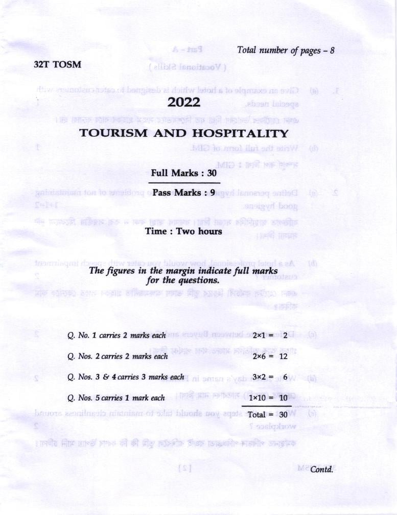 AHSEC HS 2nd Year Question Paper 2022 Tourism and Hospitality - Page 1