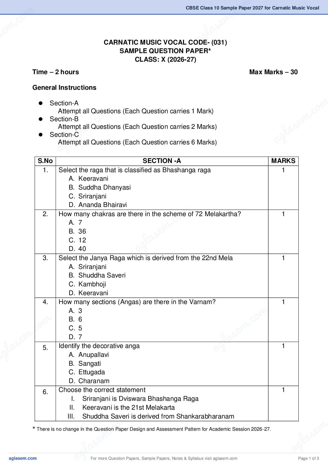 CBSE Class 10 Sample Paper 2027 for Carnatic Music Vocal - Page 1 of 3