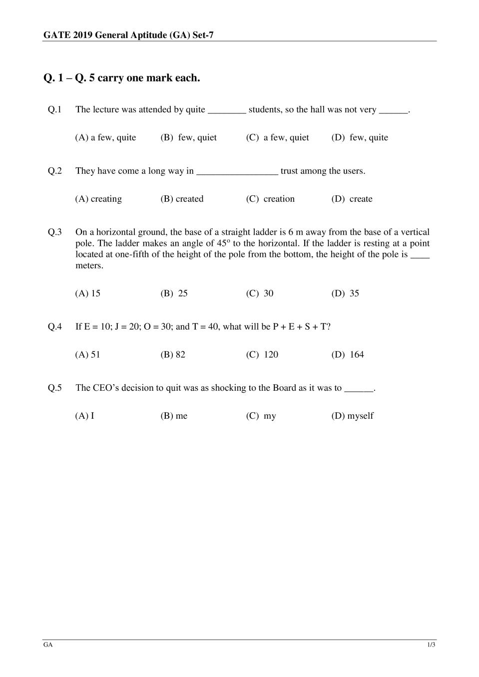 GATE 2019 Civil Engineering (CE) Question Paper with Answer Set 1 - Page 1