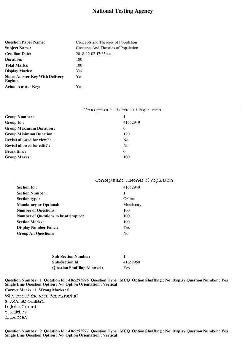 SWAYAM 2018 Question Paper Concepts And Theories of Population - Page 1 of 17