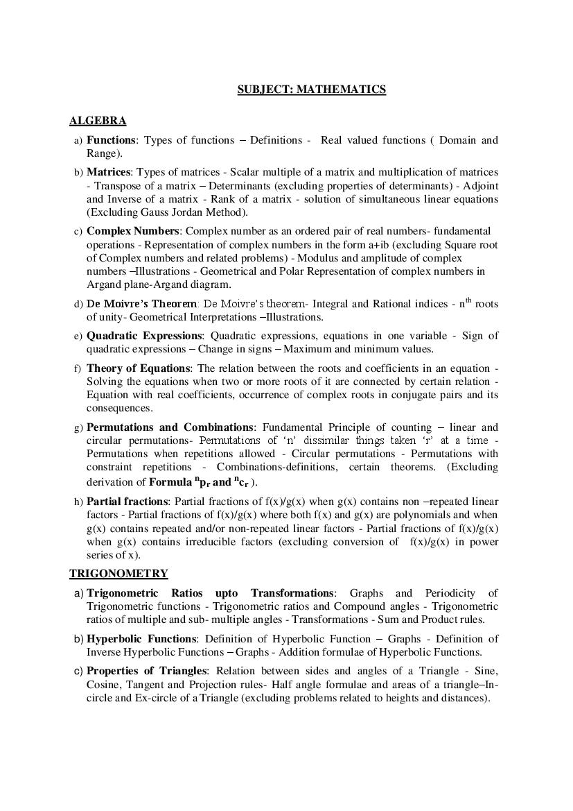 EAPCET mathematics Syllabus - Page 1