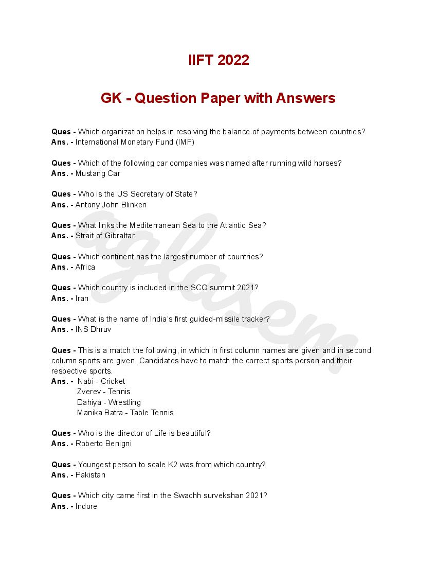 IIFT 2022 GK Question Paper with Answers - Page 1