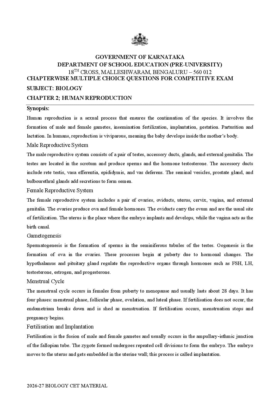 Karnataka 2nd PUC Biology Human Reproduction MCQ with Answers - Page 1 of 24