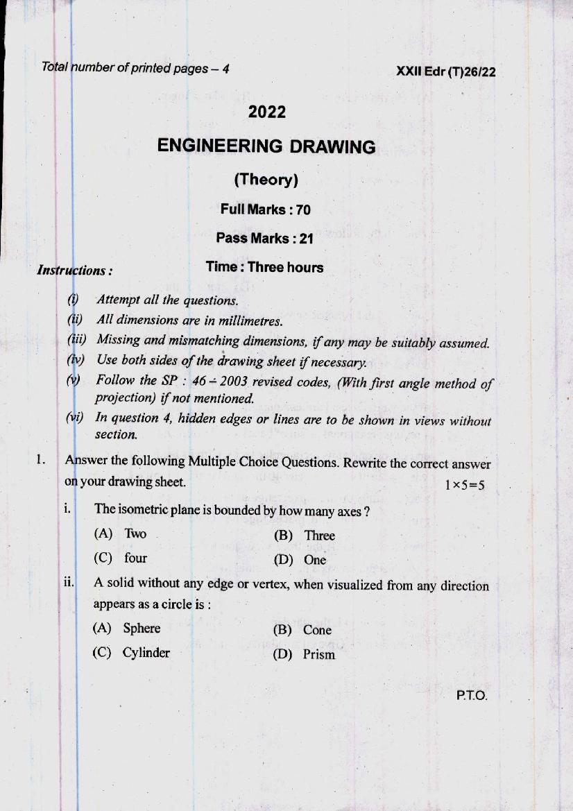 Manipur Board Class 12 Question Paper 2022 for Engineering Drawing - Page 1