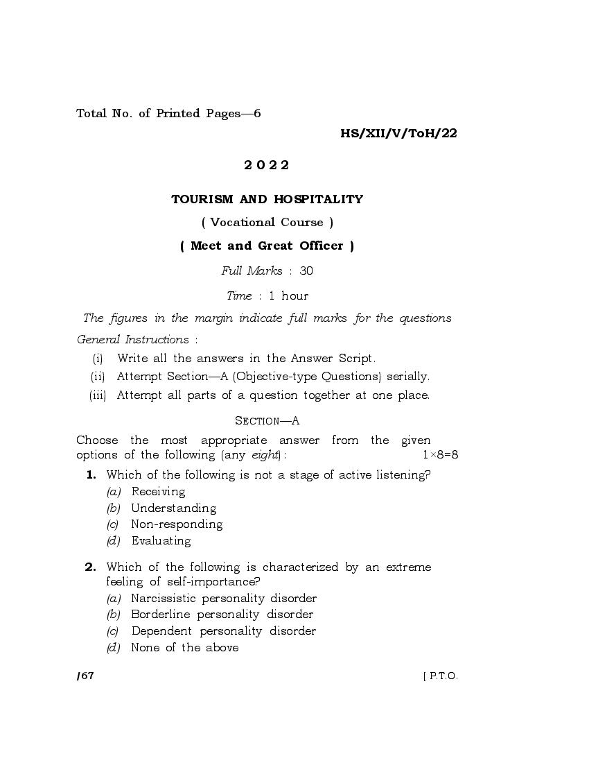 MBOSE Class 12 Question Paper 2022 for Tourism and Hospitality - Page 1