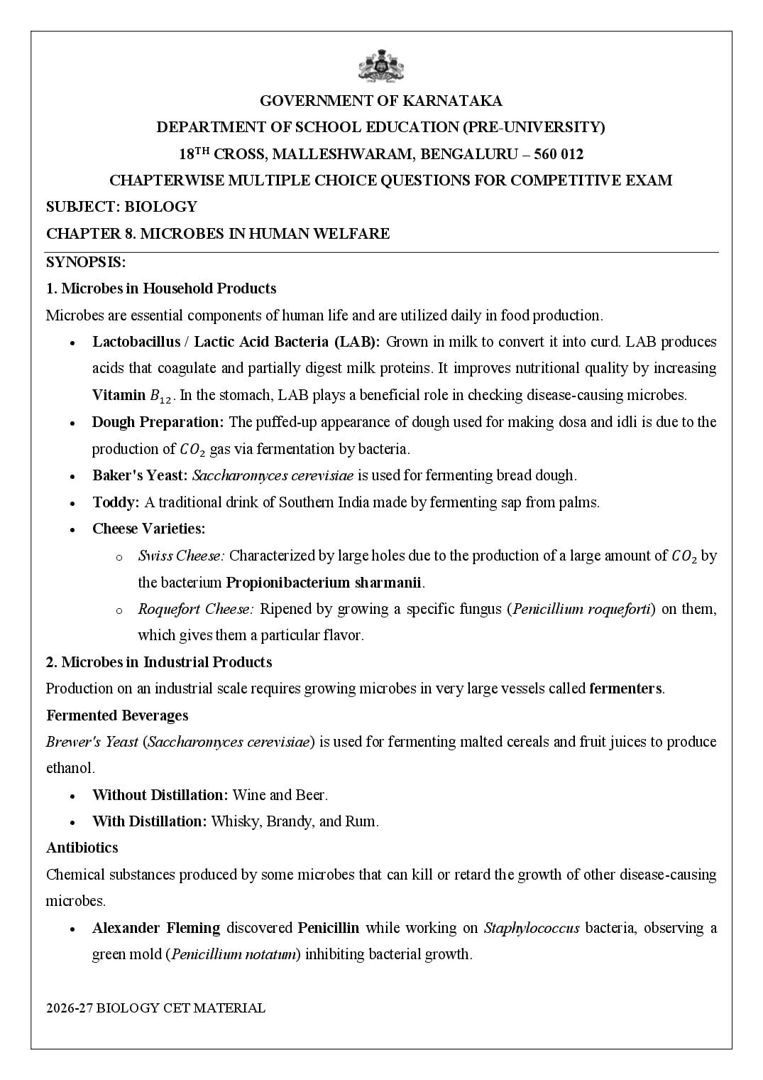 Karnataka 2nd PUC Biology Microbes in Human Welfare MCQ with Answers - Page 1 of 16