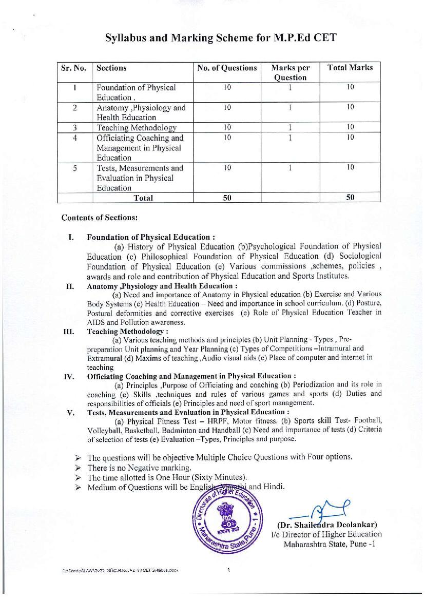MAH M.P.Ed CET Syllabus 2023 - Page 1 of 3