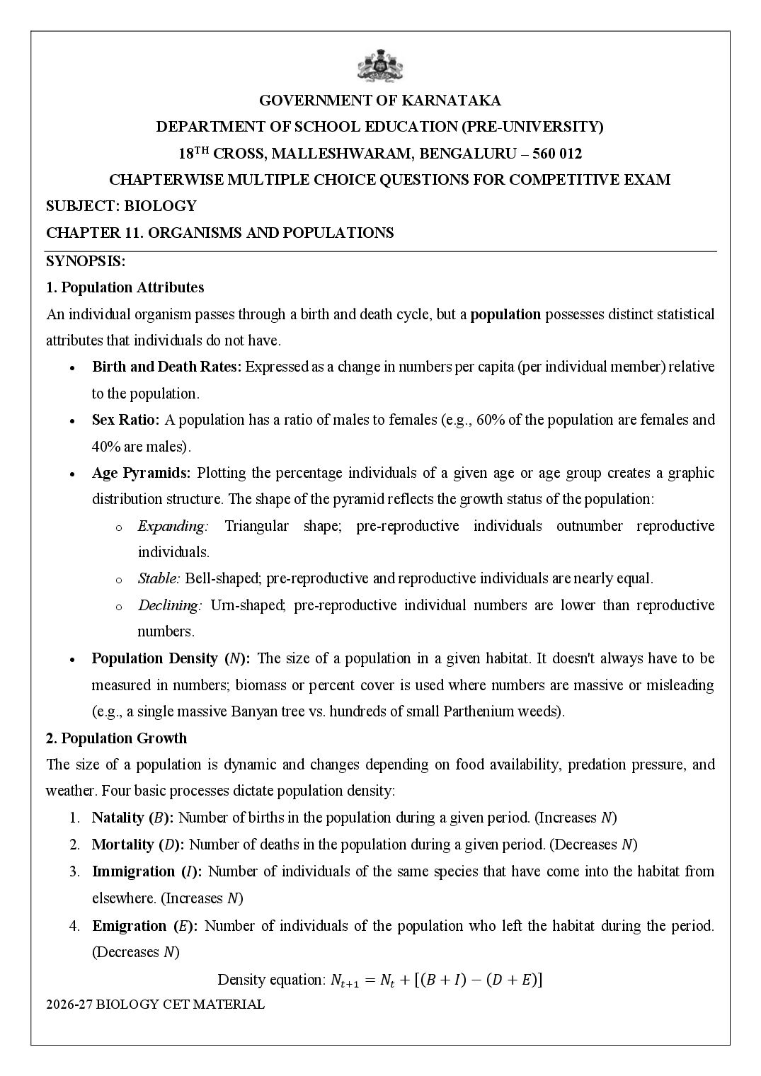 Karnataka 2nd PUC Biology Organisms and Population MCQ with Answers - Page 1 of 16