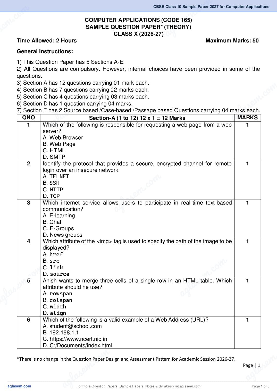 CBSE Class 10 Sample Paper 2027 for Computer Applications - Page 1 of 5