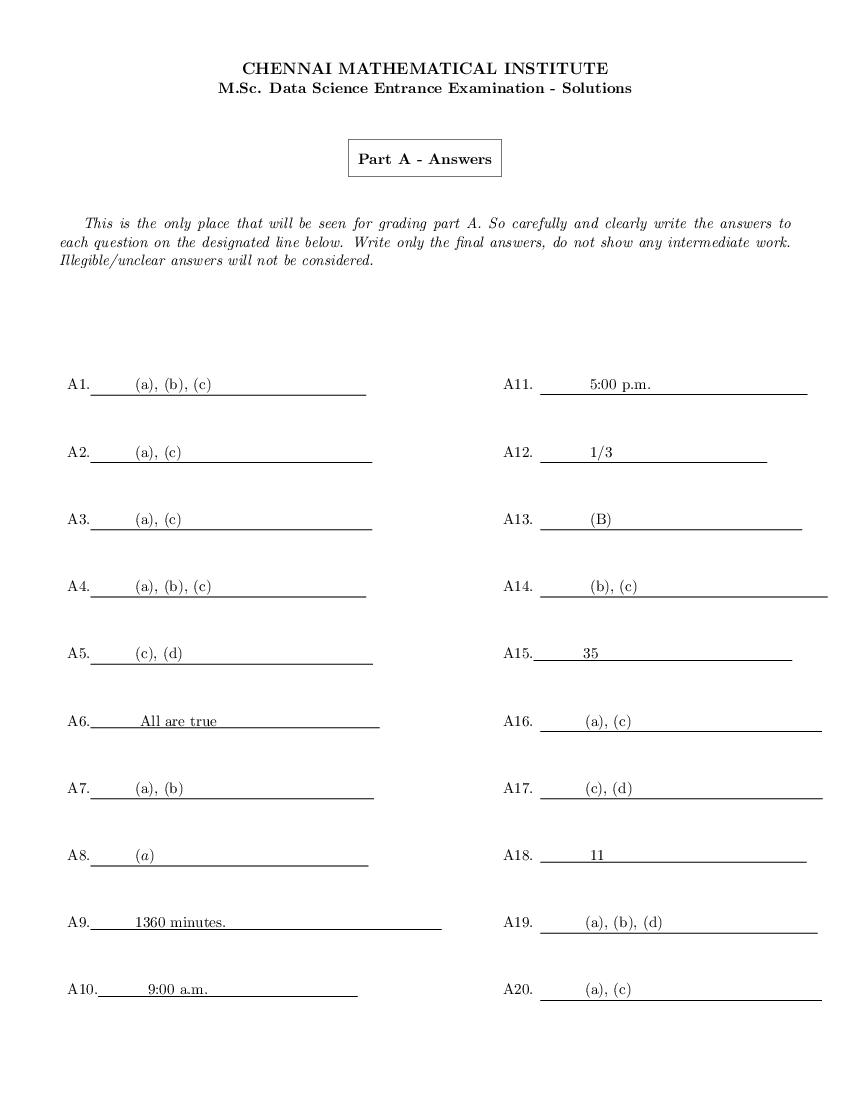 CMI Entrance Exam 2018 Question Paper Solution M.Sc Data Science - Page 1