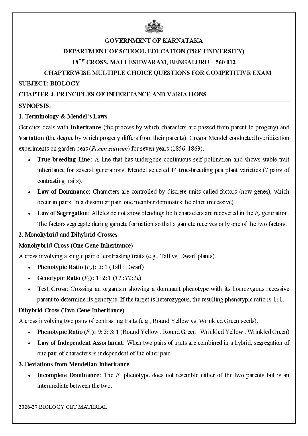 Karnataka 2nd PUC Biology Principles of Inheritance and Variation MCQ with Answers - Page 1 of 17