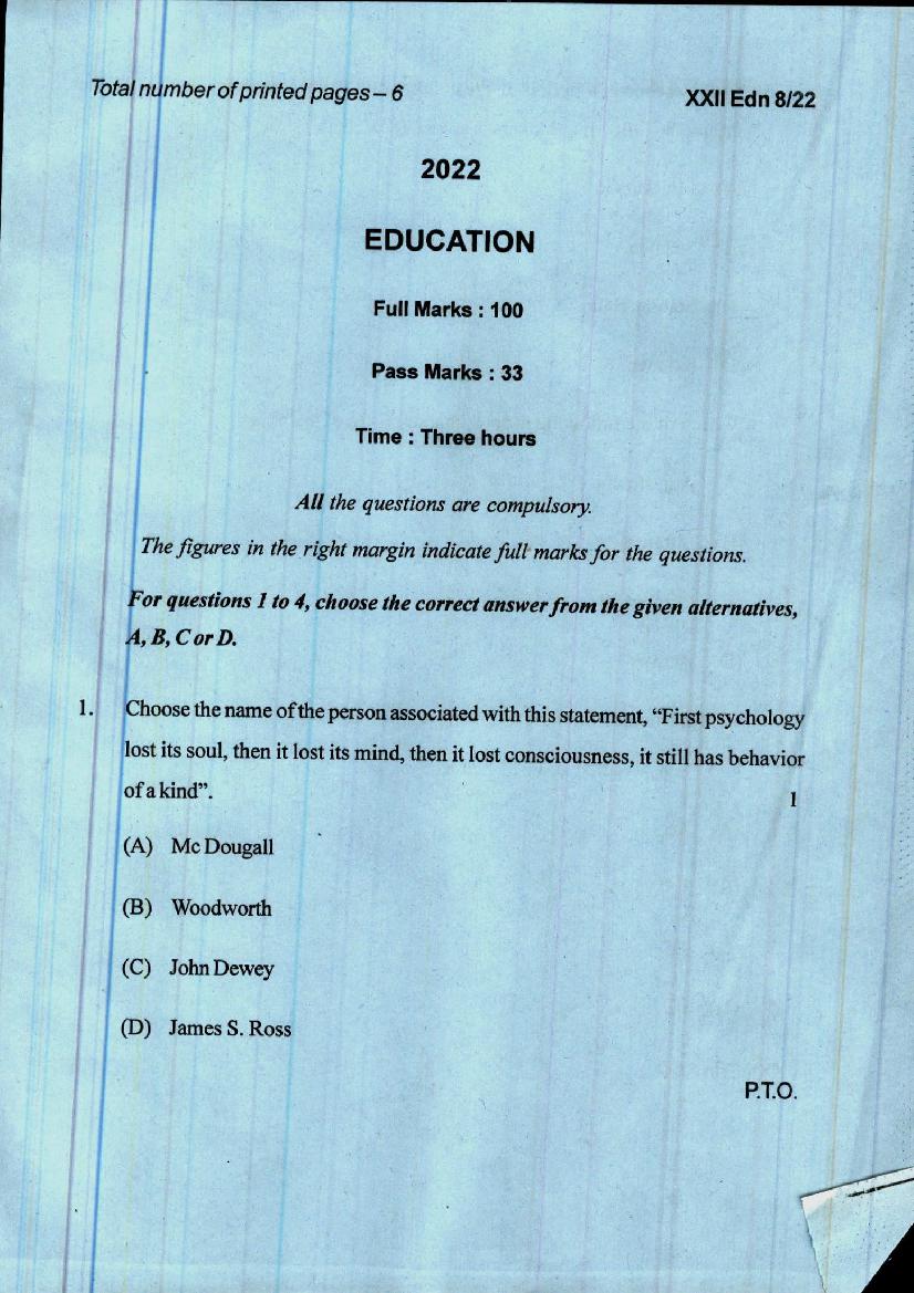 Manipur Board Class 12 Question Paper 2022 for Education - Page 1
