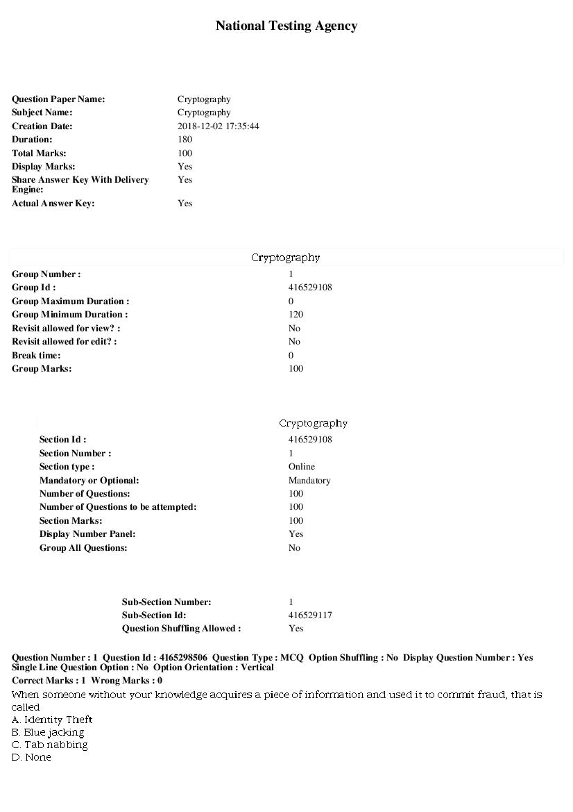 SWAYAM 2018 Question Paper Cryptography - Page 1 of 17