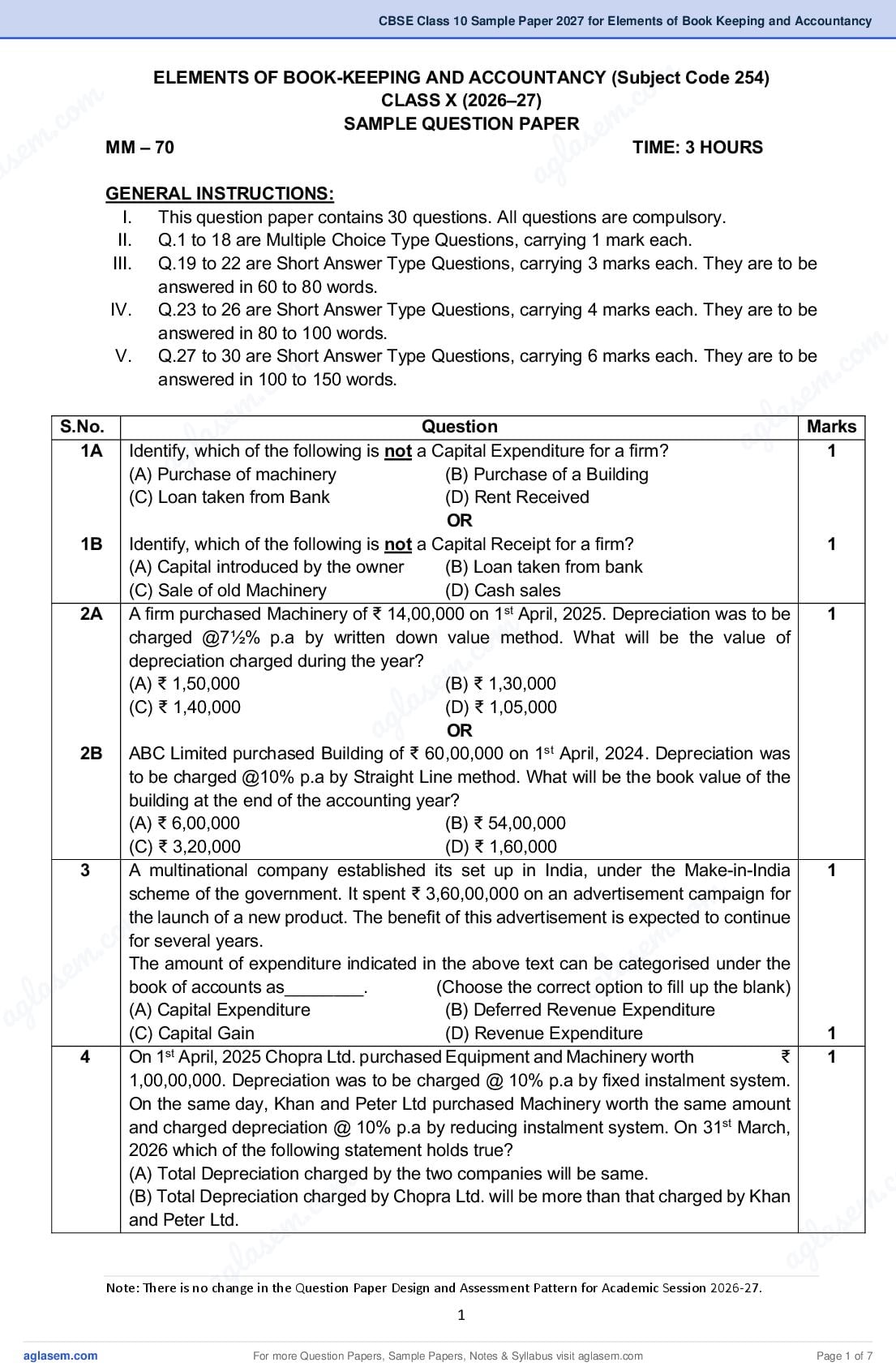 CBSE Class 10 Sample Paper 2027 for Elements of Book Keeping and Accountancy - Page 1 of 7