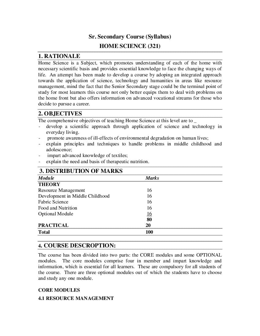 NIOS Class 12 Syllabus 2023 Home Science - Page 1
