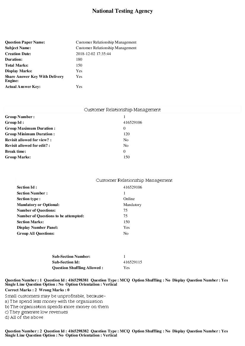 SWAYAM 2018 Question Paper Customer Relationship Management - Page 1