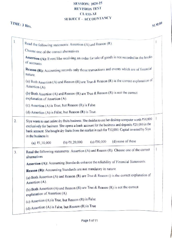 Class 11 Revision Test 2024-25 Question Paper Accountancy - Page 1