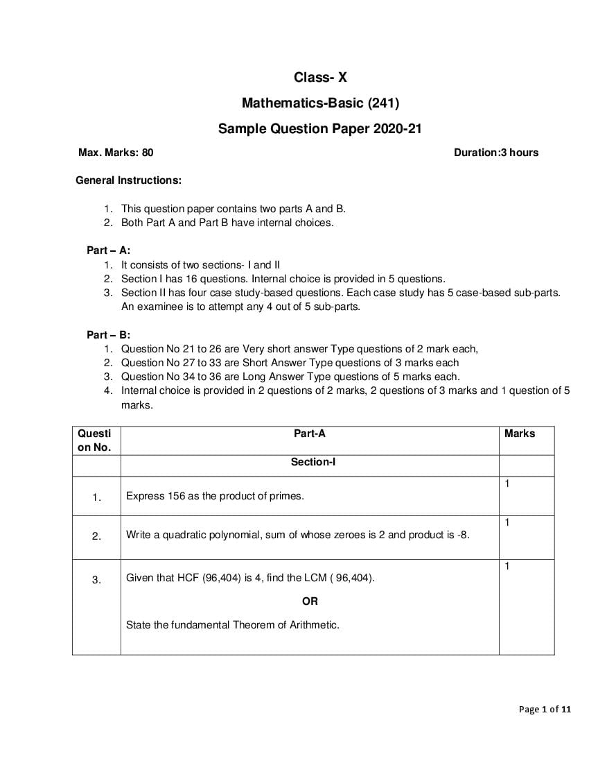 CBSE Class 10 Sample Paper 2021 for Maths Basic - Page 1