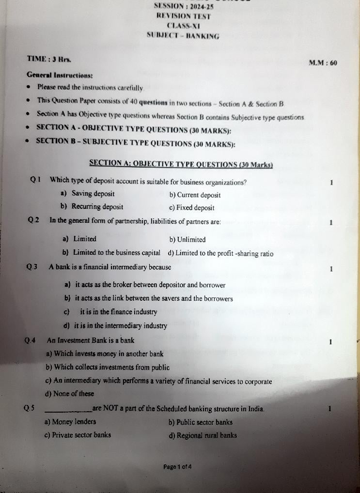 Class 11 Revision Test 2024-25 Question Paper Banking - Page 1