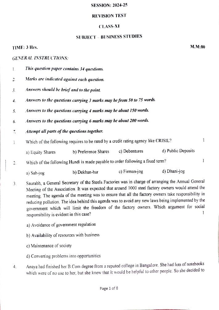 Class 11 Revision Test 2024-25 Question Paper Business Studies - Page 1 of 7