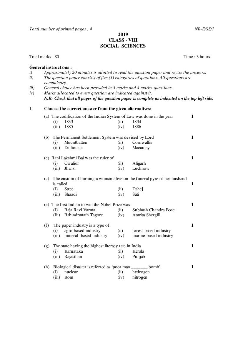 NBSE Class 8 Question Paper 2019 Social Science - Page 1