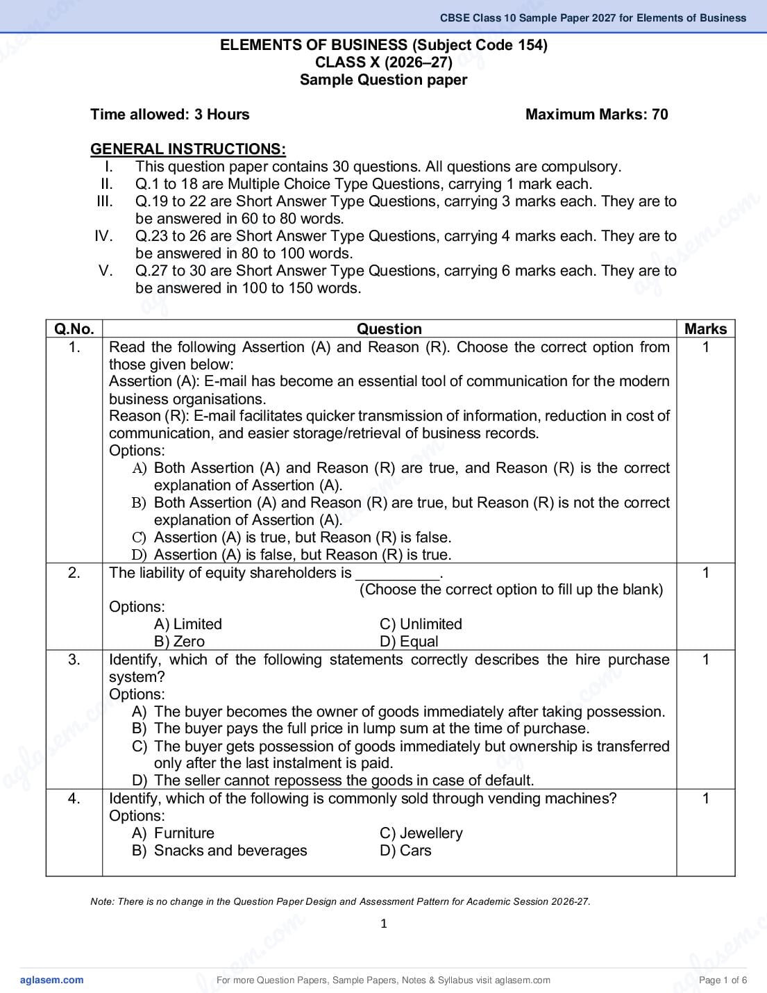 CBSE Class 10 Sample Paper 2027 for Elements of Business - Page 1 of 6