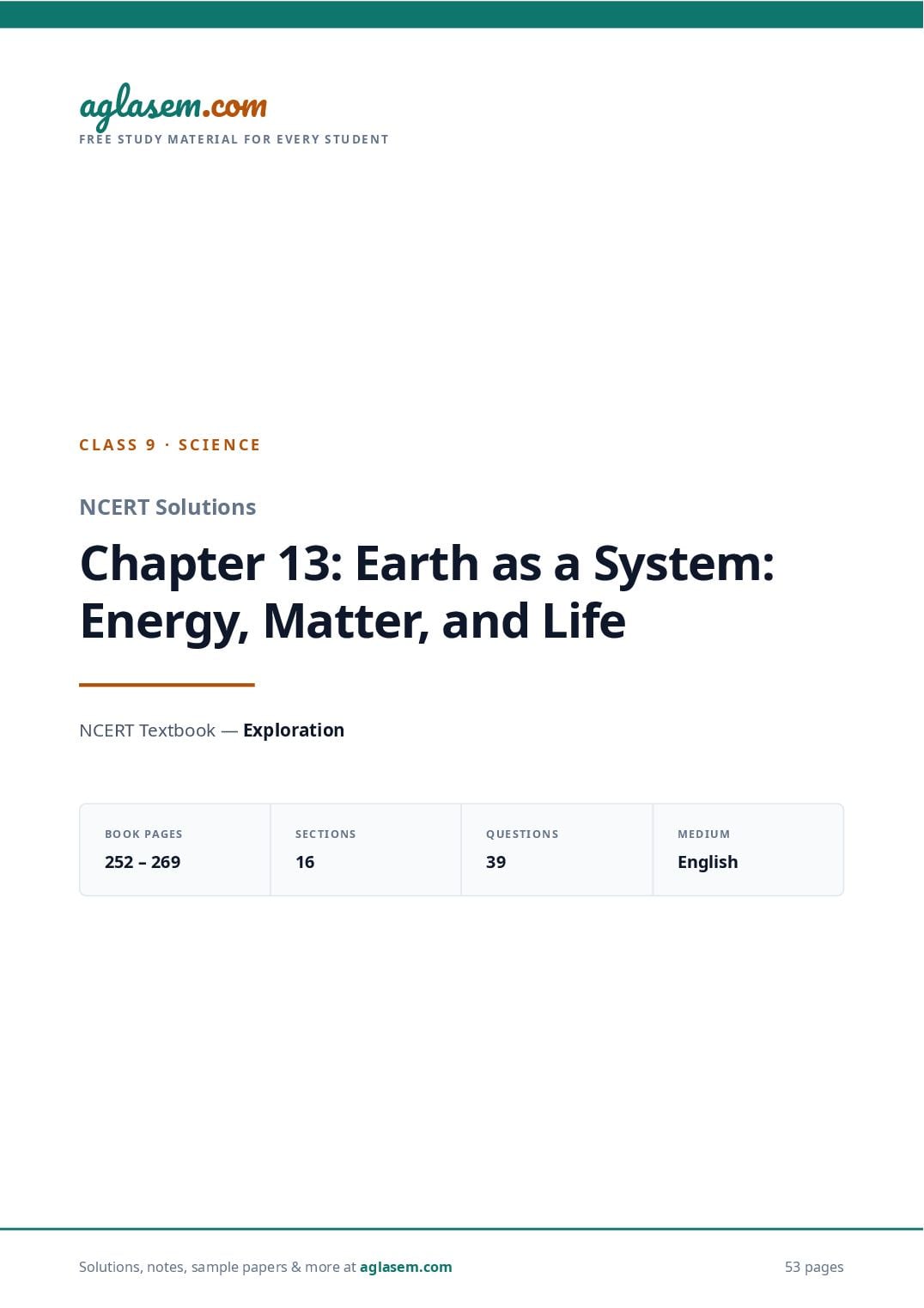 NCERT Solutions Class 9 Science Chapter 13 Earth As a System Energy Matter and Life - Page 1 of 54
