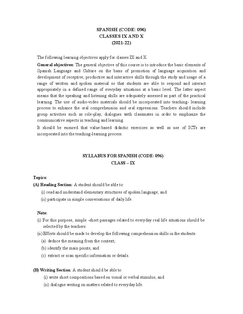 CBSE Class 9 Spanish Syllabus 2021-22 - Page 1